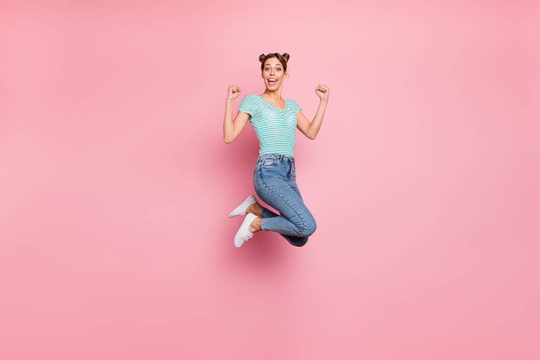 Full length body size view of her she nice lovely adorable feminine girlish charming slender thin funny funky playful cheerful cheery girl having fun isolated over pink pastel background - Photo, Image