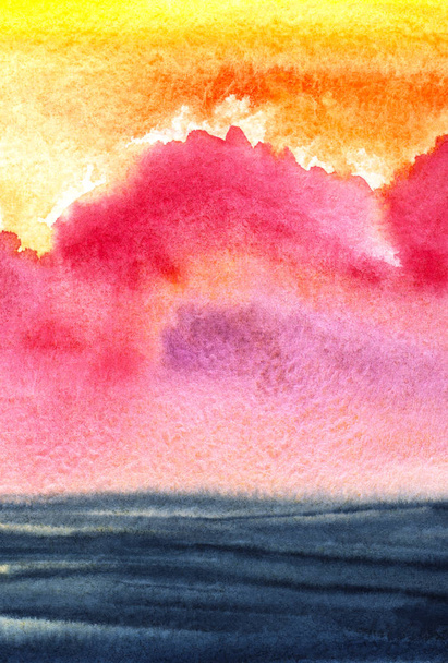 Colorful hand drawn seascape. Fiery aurora sunset with soft pink and lilac gradient of fluffy clouds above dark smooth water with striped surface. Abstract watercolor illustration on paper texture. - Фото, зображення