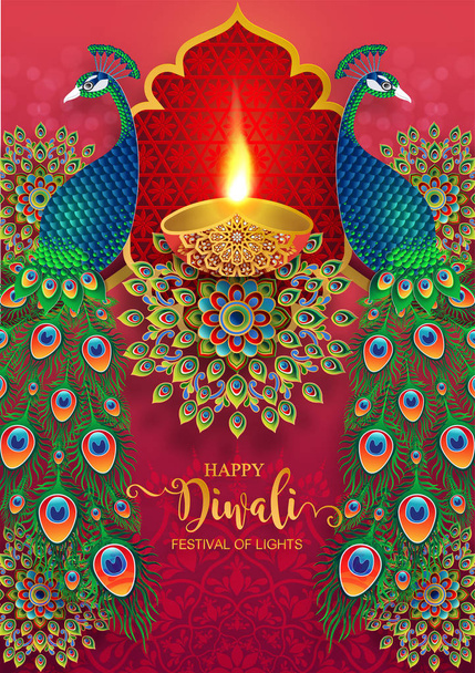 Diwali, Deepavali ou Dipavali o festival de luzes Índia com ouro diya modelado e cristais na cor do papel Fundo
. - Vetor, Imagem