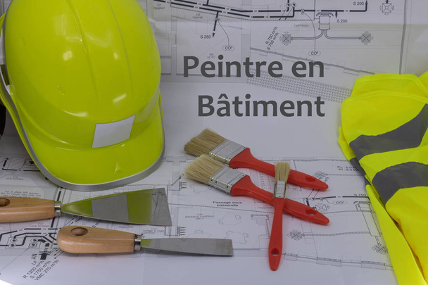 Ev boyacısı için grafik kaynak (peintre en btiment is House painter in French) ev planlama güvenlik ekipmanı ve ev boyama malzemeleri ile birlikte - Fotoğraf, Görsel