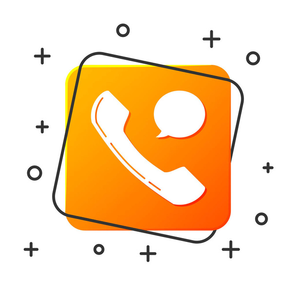 Λευκό ακουστικό τηλέφωνο και το εικονίδιο συνομιλίας φούσκα ομιλίας απομονώνεται σε λευκό φόντο. Σήμα τηλεφώνου. Πορτοκαλί κουμπί τετράγωνο. Απεικόνιση διανυσματικών φορέων - Διάνυσμα, εικόνα