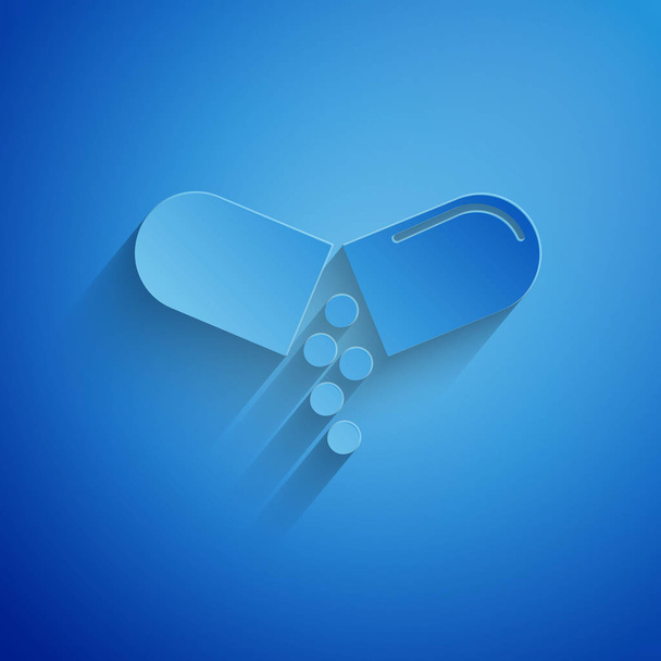 Бумага вырезать лекарства таблетки или таблетки значок изолирован на синем фоне. Капсула и наркотический знак. Аптечный дизайн. Бумажный стиль. Векторная миграция
 - Вектор,изображение