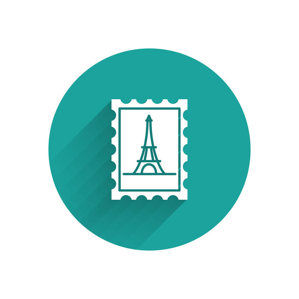 Witte postzegel en Eiffel toren pictogram geïsoleerd met lange schaduw. Groene cirkel knop. Vector illustratie - Vector, afbeelding