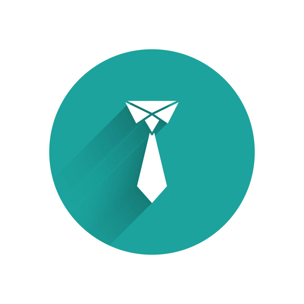 Beyaz kravat simgesi uzun gölgeli izole edilmiş. Boyunbağı ve boyun bezi sembolü. Yeşil daire düğmesi. Vektör İllüstrasyonu - Vektör, Görsel
