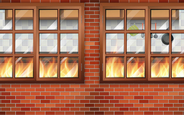  Ogień pali pomieszczenie kuchenne w domu - Wektor, obraz