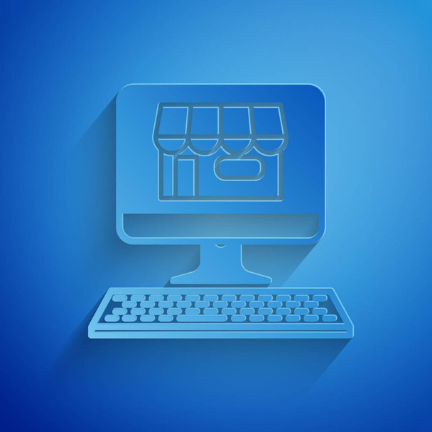 Papier knippen winkelen gebouw op scherm computerpictogram geïsoleerd op blauwe achtergrond. Concept e-commerce, e-business, Online Business marketing. Papier kunststijl. Vector illustratie - Vector, afbeelding