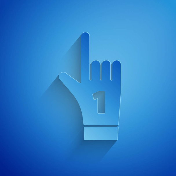 Carta tagliata Numero 1 un guanto della mano del ventilatore con l'icona sollevata dito isolato su sfondo blu. Simbolo del supporto di squadra nelle competizioni. Stile cartaceo. Illustrazione vettoriale
 - Vettoriali, immagini
