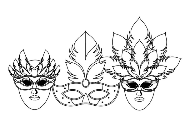 set of masks and feathers black and white - Vector, Image