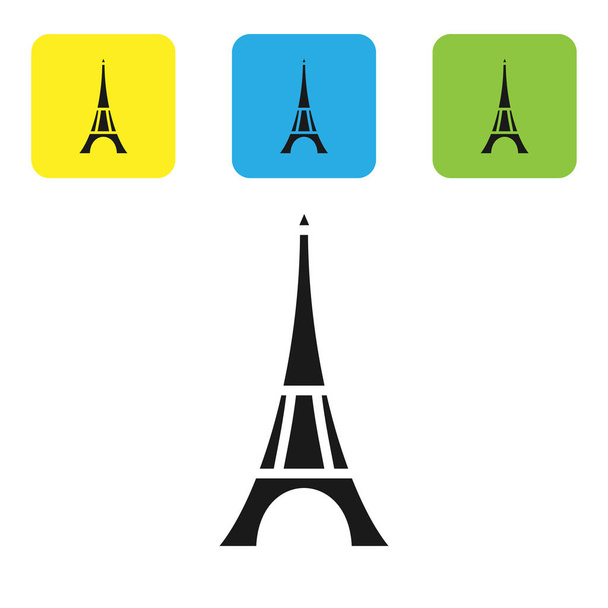 Icono de la torre Eiffel negra aislado sobre fondo blanco. Francia París símbolo emblemático. Establecer iconos coloridos botones cuadrados. Ilustración vectorial
 - Vector, imagen