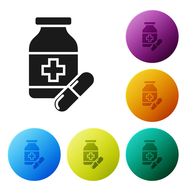 Μαύρο φάρμακο μπουκάλι και χάπια εικονίδιο απομονωθεί σε λευκό φόντο. Πινακίδα με χάπι φιάλης. Σχέδιο φαρμακευτικής. Ορίστε εικονίδια πολύχρωμα κουμπιά Circle. Απεικόνιση διανυσματικών φορέων - Διάνυσμα, εικόνα