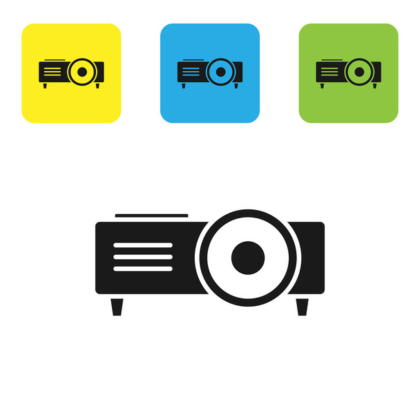 Siyah sunum, film, film, beyaz arka planda izole medya projektör simgesi. Set simgeleri renkli kare düğmeler. Vektör Illustration - Vektör, Görsel