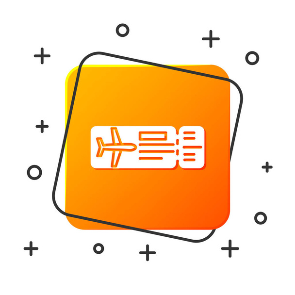 weißes Symbol für Flugtickets auf weißem Hintergrund. Flugticket. orangefarbene quadratische Taste. Vektorillustration - Vektor, Bild