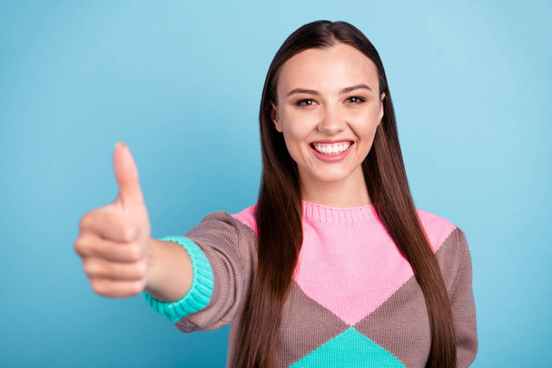 Close-up photo portrait of excited confident lovely sweet lady having good mood making giving finger up isolated vivid background - Foto, Bild