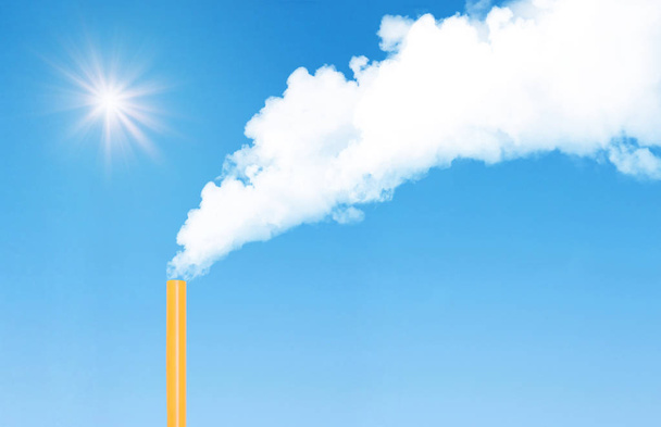 Αντίληψη για την υπερθέρμανση του πλανήτη και τη ρύπανση: αφηρημένη εικόνα του λευκού καπνού που επιπλέει και εκπομπές από την καμινάδα που φτιάχτηκε από πορτοκαλί πλαστικό άχυρο με γαλάζιο ουρανό στο φόντο. - Φωτογραφία, εικόνα