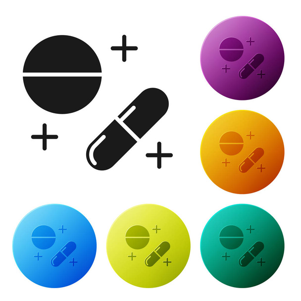 Μαύρη ιατρική χάπι ή δισκίο εικονίδιο απομονωθεί σε λευκό φόντο. Χάπι καψακίου και σήμα ναρκωτικών. Σχέδιο φαρμακευτικής. Ορίστε εικονίδια πολύχρωμα κουμπιά Circle. Απεικόνιση διανυσματικών φορέων - Διάνυσμα, εικόνα