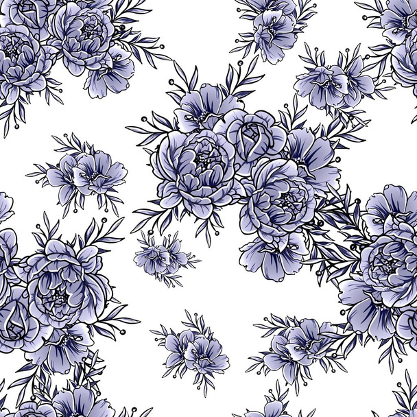 Monochrome vintage style flowers seamless pattern - Vector, Imagen