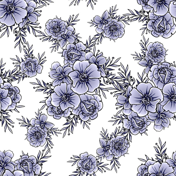 Monochrome vintage style flowers seamless pattern - Vektör, Görsel