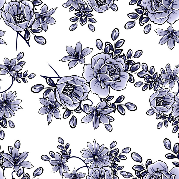 Monochrome vintage style flowers seamless pattern - Wektor, obraz