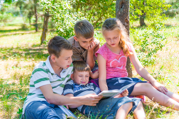 Children read a book in the park, brothers and sisters friends are studying science. - Photo, Image