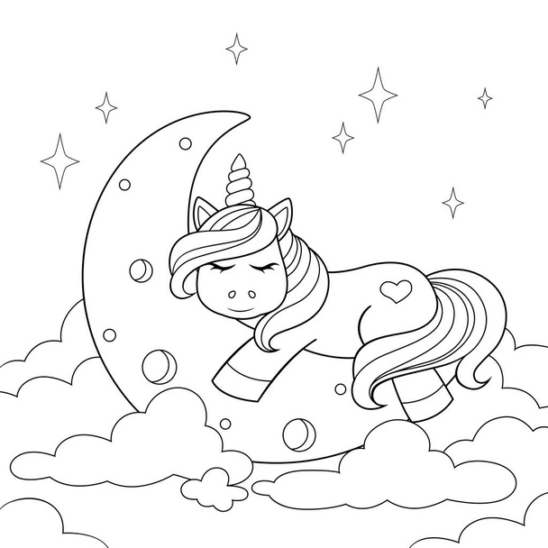 雲の中で月に眠るかわいい漫画のユニコーン。塗り絵用白黒イラスト - ベクター画像