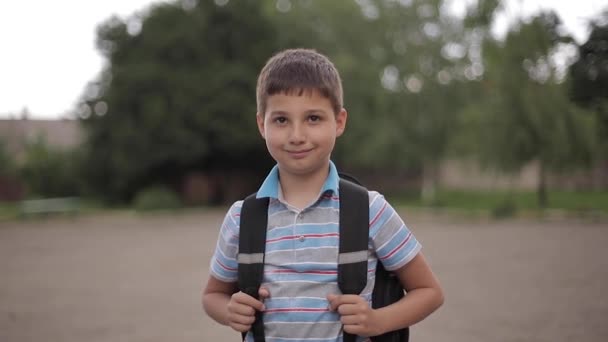 Lindo niño con mochila ir a casa después de la clase escolar
 - Imágenes, Vídeo