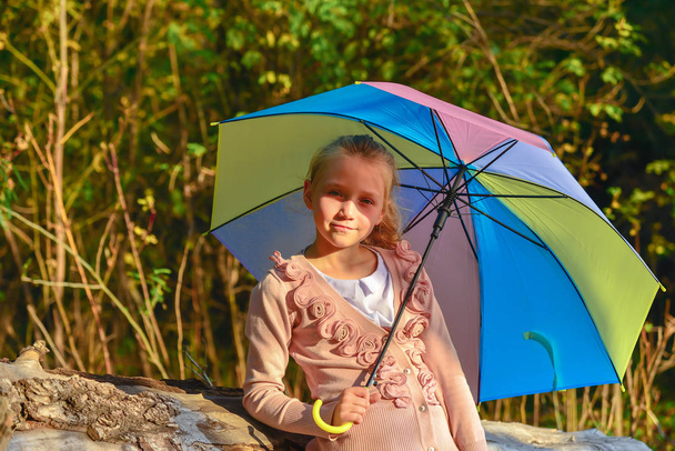 Beautiful and cute girl with a color umbrella in the fall in the park, portrait of a girl under the autumn evening sun. - Фото, зображення