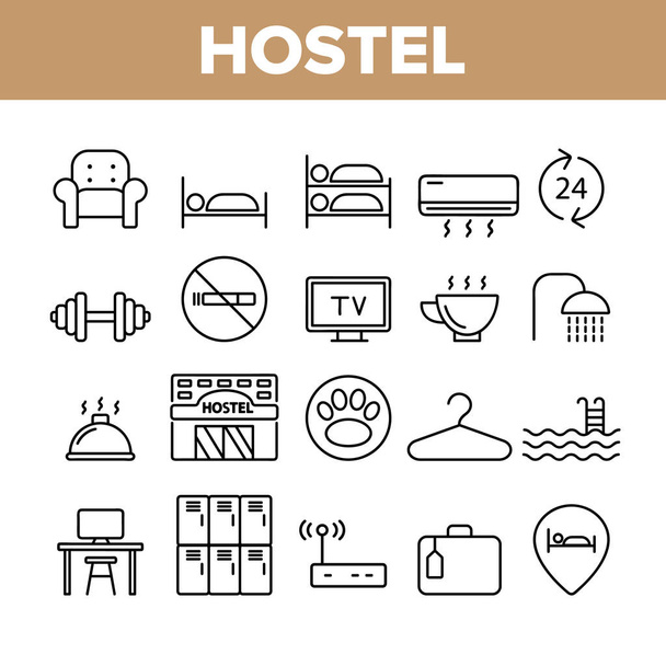 Hostel, turistická ubytovací zařízení vektor, nastavení lineárních ikon - Vektor, obrázek