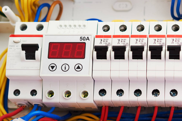 Fuse box, power supply circuit breakers. Voltage switchboard with electric automatic. Control panel electrical switches home electrical network. - Photo, Image