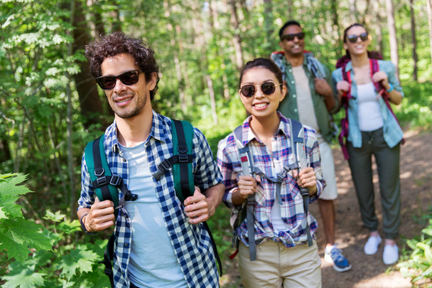 Gruppe von Freunden mit Rucksäcken wandern im Wald - Foto, Bild