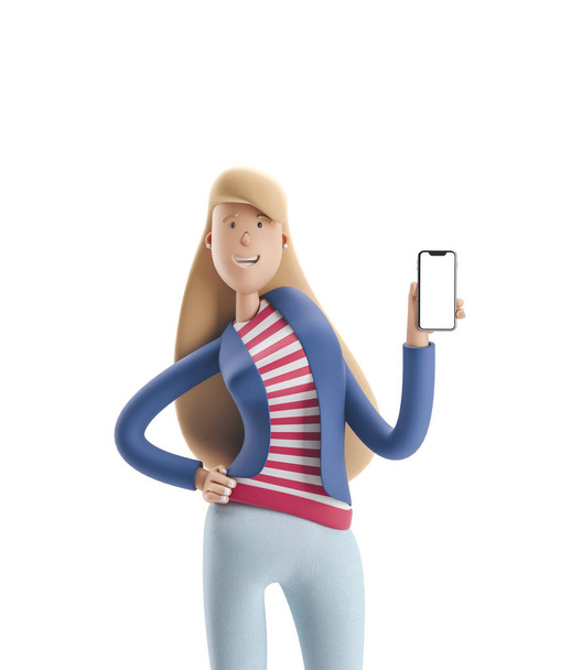 3D illusztráció. Fiatal üzletasszony Emma áll-val telefon-ra egy fehér háttér. - Fotó, kép