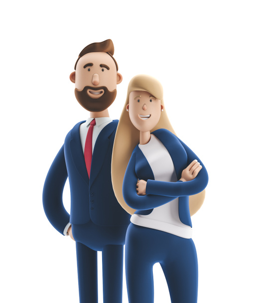 3D ilustrace. Obchodní dvojice Emma a Billy stojí na bílém pozadí. - Fotografie, Obrázek