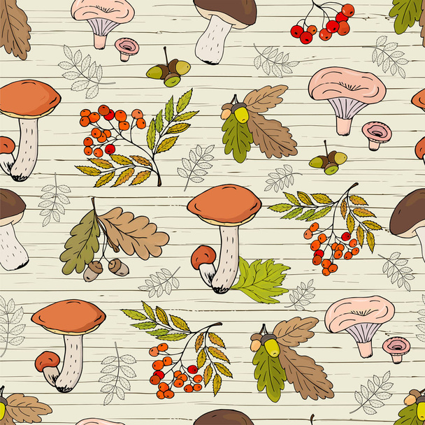 キノコ、ドングリ、葉、ローワンフルーツとシームレスな秋の背景 - ベクター画像