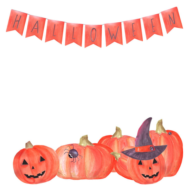 watercolor halloween frame with pumpkins, a banner of flags with the letters, a witch's hat and spiders. Suitable for invitations, cards, decorations - Zdjęcie, obraz