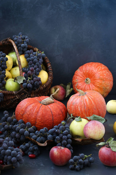 Herbstkomposition mit Äpfeln, Trauben, Kürbis und Hartriegel auf dunklem Hintergrund, Herbsternte, Kopierraum, vertikales Foto - Foto, Bild