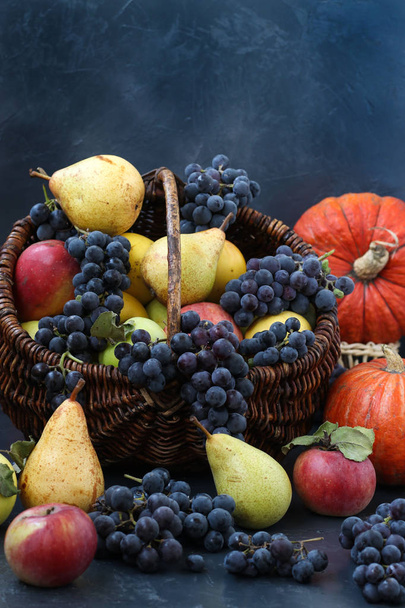 リンゴ、ブドウ、カボチャ、梨が暗い背景、秋の収穫、リンゴ、梨、ブドウをバスケットに入れた秋の静物、コピースペース - 写真・画像