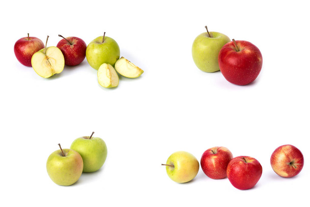 Set of red apples on a white background. Juicy apples of red color with yellow specks on a white background. The composition of juicy red apples - Photo, image