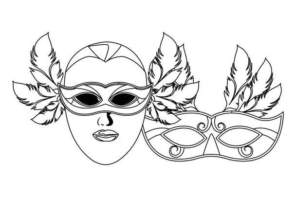 Masken und Federn schwarz-weiß - Vektor, Bild
