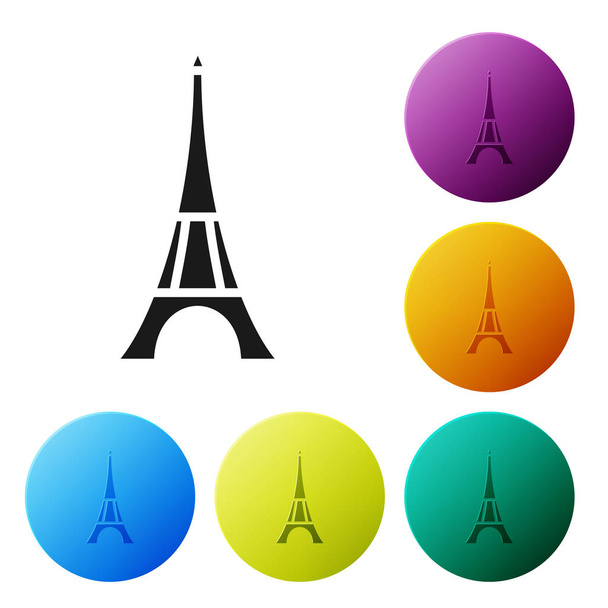 白い背景に隔離された黒いエッフェル塔のアイコン。フランスパリのランドマークシンボル。アイコンカラフルな円のボタンを設定します。ベクトルイラストレーション - ベクター画像