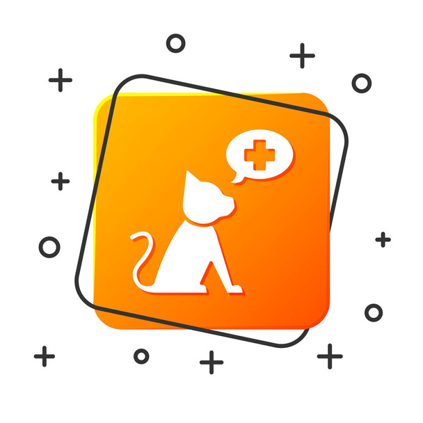 White Veterinary clinic symbol icon isolated on white background. Cross with cat veterinary care. Pet First Aid sign. Orange square button. Vector Illustration - Vector, Image