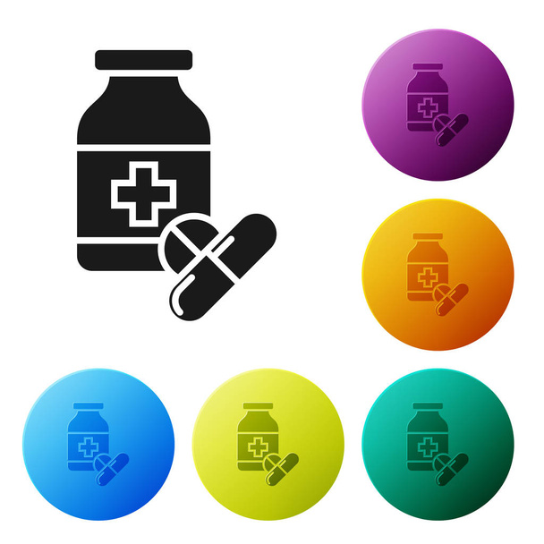 Μαύρο φάρμακο μπουκάλι και χάπια εικονίδιο απομονωθεί σε λευκό φόντο. Πινακίδα με χάπι φιάλης. Σχέδιο φαρμακευτικής. Ορίστε εικονίδια πολύχρωμα κουμπιά Circle. Απεικόνιση διανυσματικών φορέων - Διάνυσμα, εικόνα