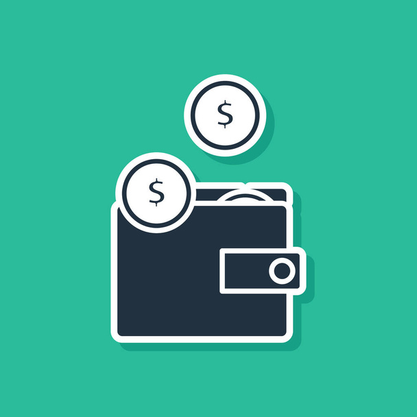 Monedero azul con monedas icono aislado sobre fondo verde. Icono del bolso. Símbolo de ahorro. Ilustración vectorial
 - Vector, imagen