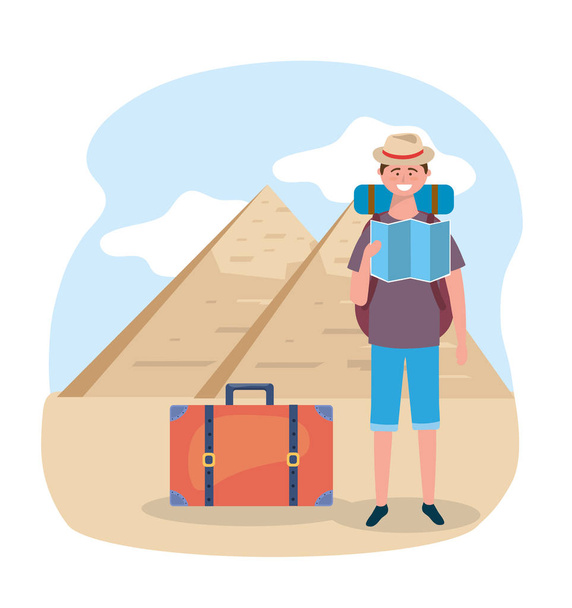 man wearing hat and backpack with egyptian pyramid destination - Vector, Image