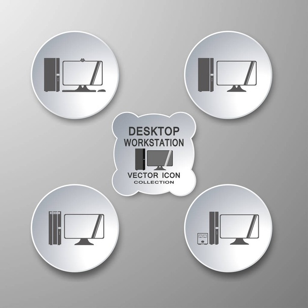 Colección vectorial de iconos de la estación de trabajo de escritorio en gris y blanco con sombras sobre fondo degradado
. - Vector, Imagen