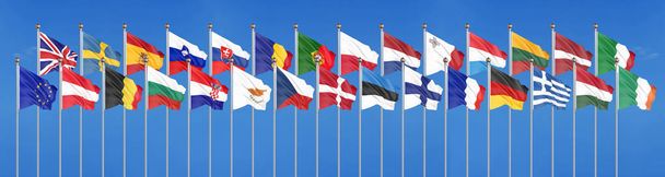 Selyem integetett 28 zászlók az Európai Unió országai. Kék ég háttér. 3D illusztráció. -Illusztráció - Fotó, kép
