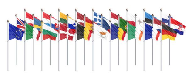 Selyem integetett 28 zászlók az Európai Unió országai. Izolált - Fotó, kép