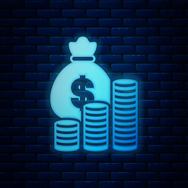 Ragyogó neon pénzes táska és érme ikon elszigetelt téglafal háttér. Dollár vagy USD szimbólum. Készpénz Banking pénznem jel. Vektorillusztráció - Vektor, kép