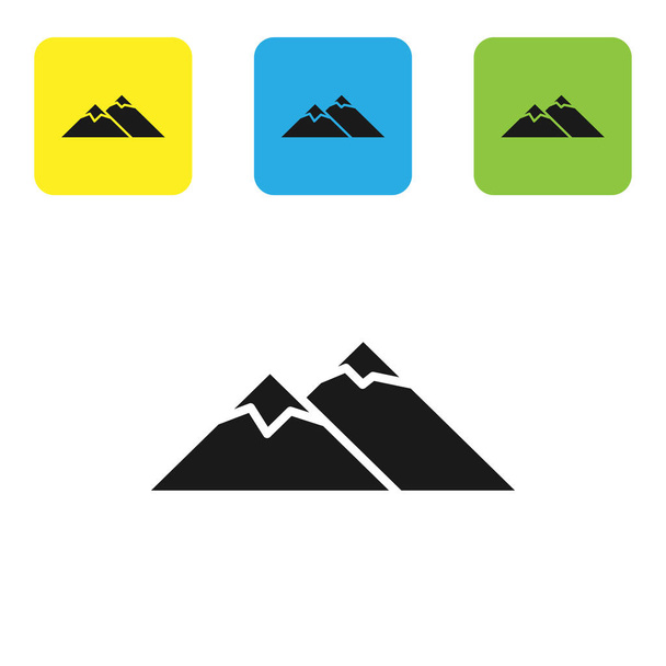 Μαύρο βουνό εικονίδιο απομονώνεται σε λευκό φόντο. Σύμβολο νίκης ή επιτυχίας. Ορίστε εικονίδια πολύχρωμα τετράγωνα κουμπιά. Απεικόνιση διανυσματικών φορέων - Διάνυσμα, εικόνα