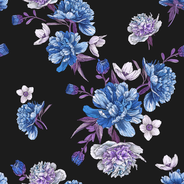 Floral seamless pattern with watercolor peonies and anemones - Фото, изображение