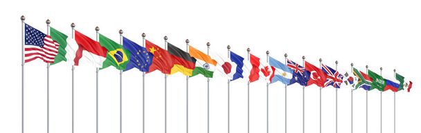 Waving flagi krajów członków grupy dwudziestu. Big G20 w Japonii w 2020. Izolowane na białym tle. Renderowanie 3D. Ilustracji. - Zdjęcie, obraz