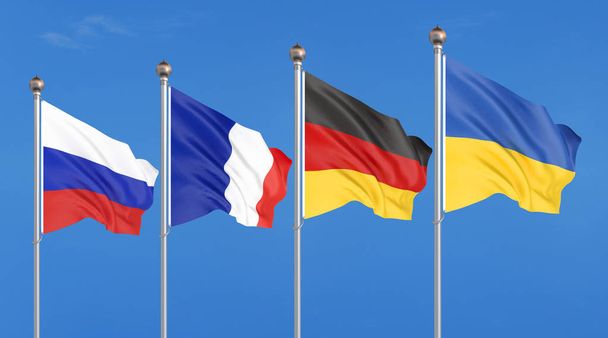 Flags of France, Germany, Russia, and Ukraine. Normandy Format meeting on eastern Ukraine. 3D illustration on sky background.  Illustration - Photo, Image